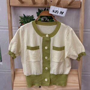 Cream Green Color Block Knit Cardigan Top 🌿